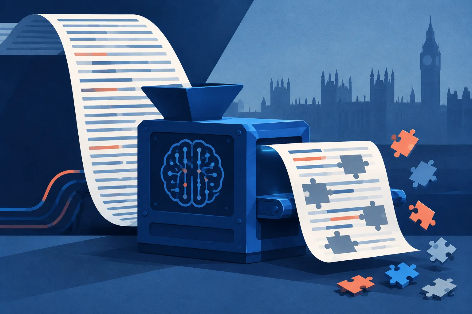 Interview transcript becomes a shorter summary with visible gaps and missing pieces.