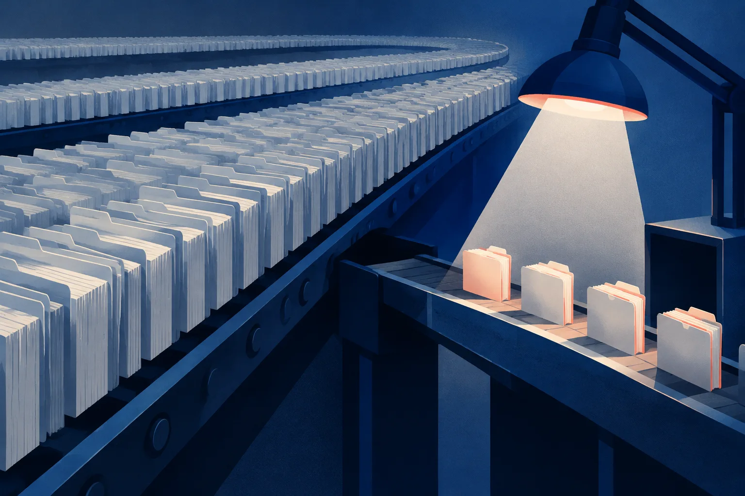A few case folders receive expert review while many others continue along a conveyor.