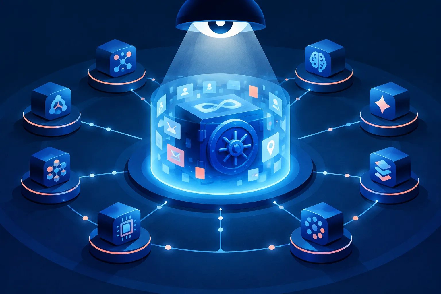 Ten abstract technology nodes surround a protected vault containing personal-data fragments.