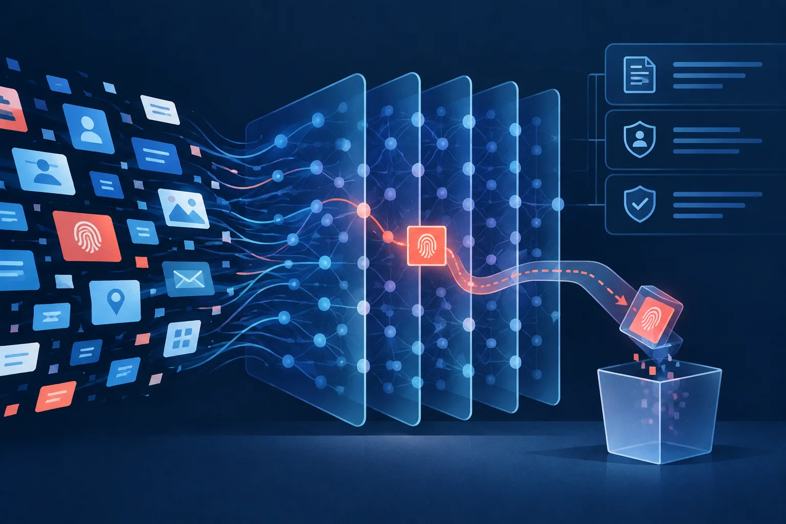 A retrieval path searches a neural structure for one embedded personal-data fragment.