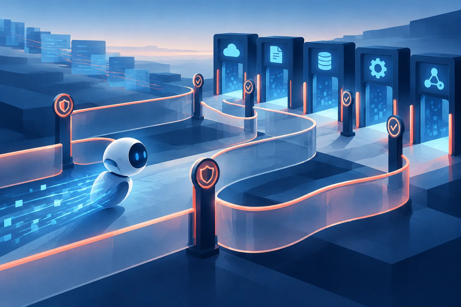 An autonomous digital agent moves toward tool gateways within protective guardrails.