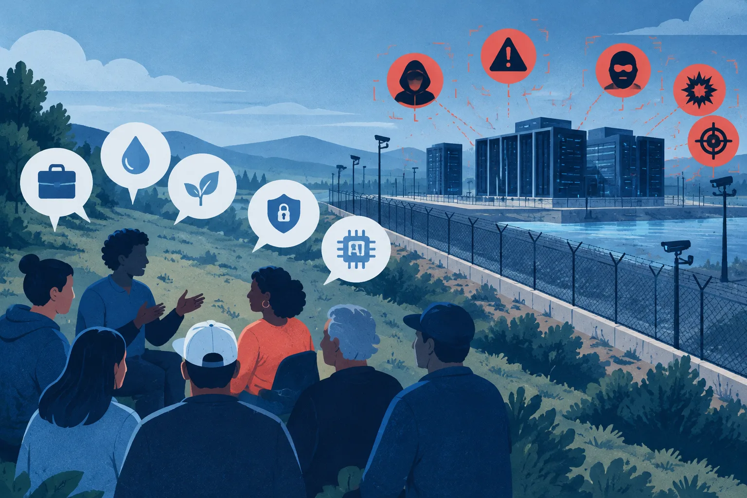 A civic hearing and a data center are separated from abstract threat markers.