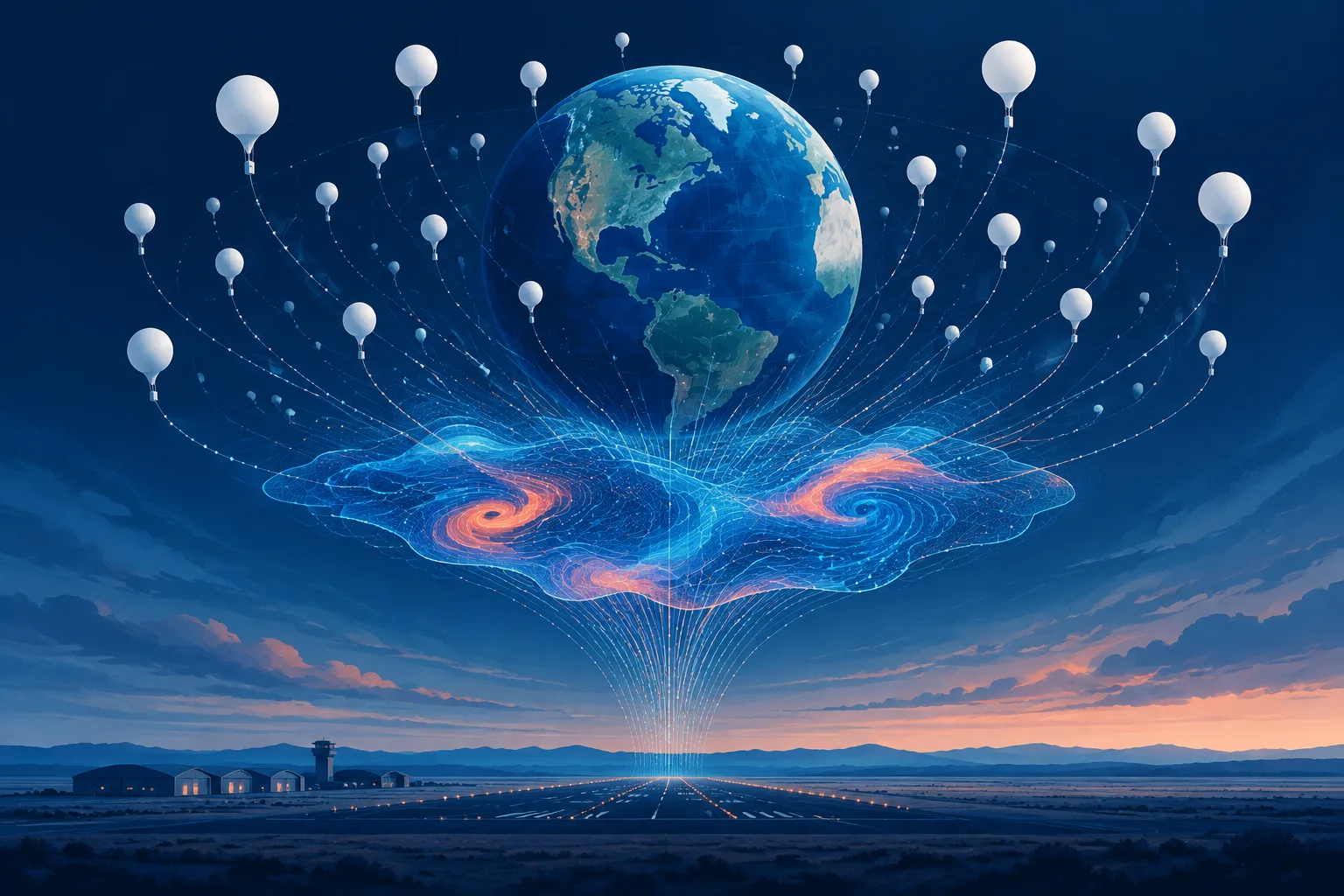 Weather balloons circle a globe as atmospheric readings flow into an abstract AI forecast map.