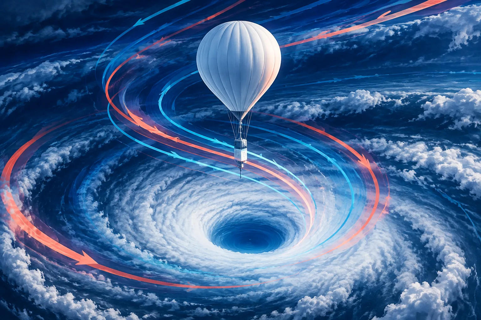 An unpowered balloon follows wind currents through storm bands toward a typhoon’s eye.