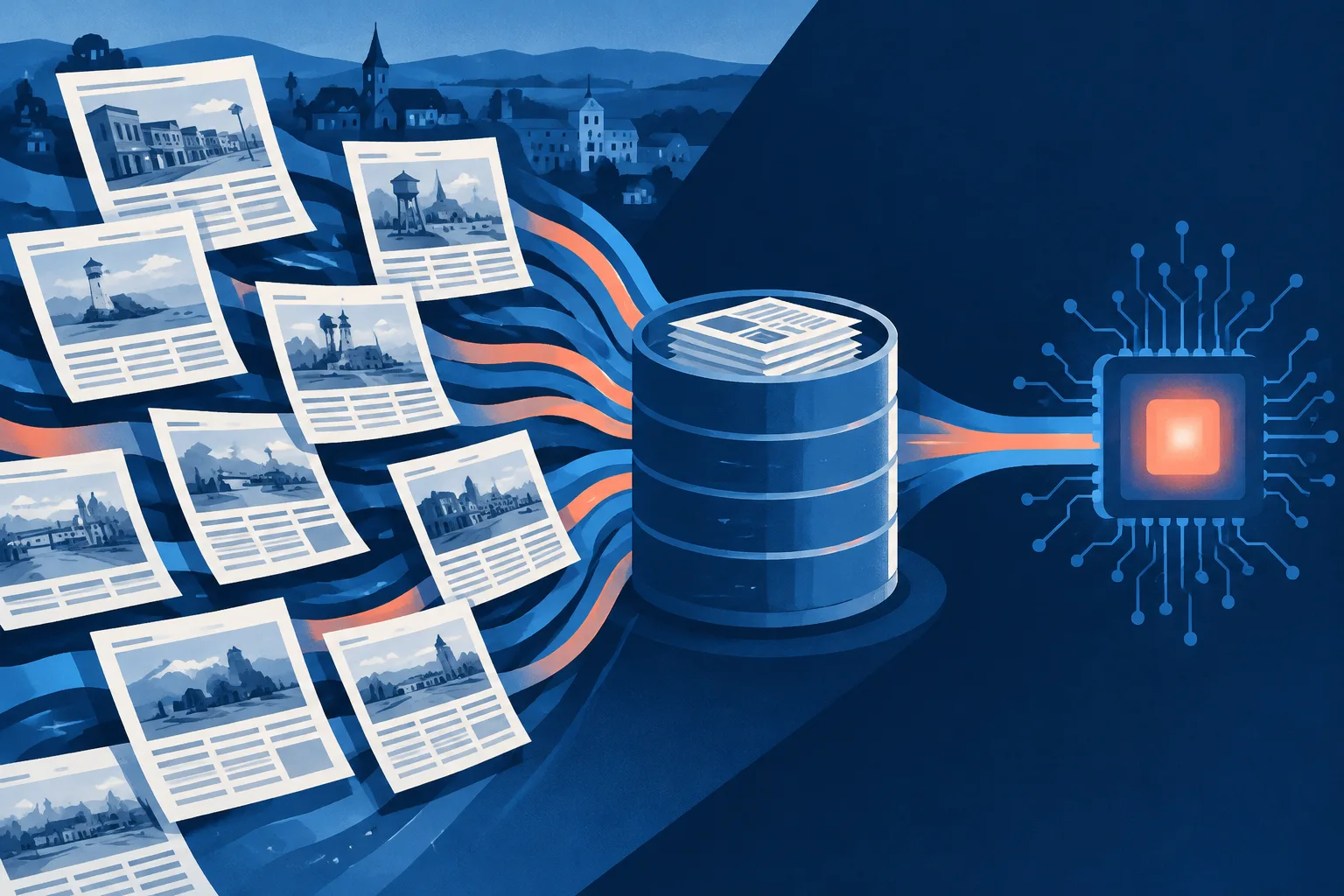 Local newspaper pages converge in a shared archive beside an abstract machine-learning processor.