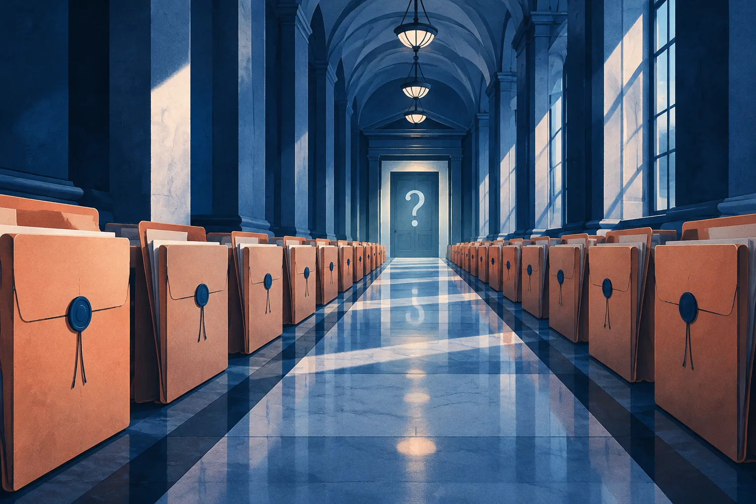 Separate legal folders line a courthouse corridor leading to an unresolved doorway.
