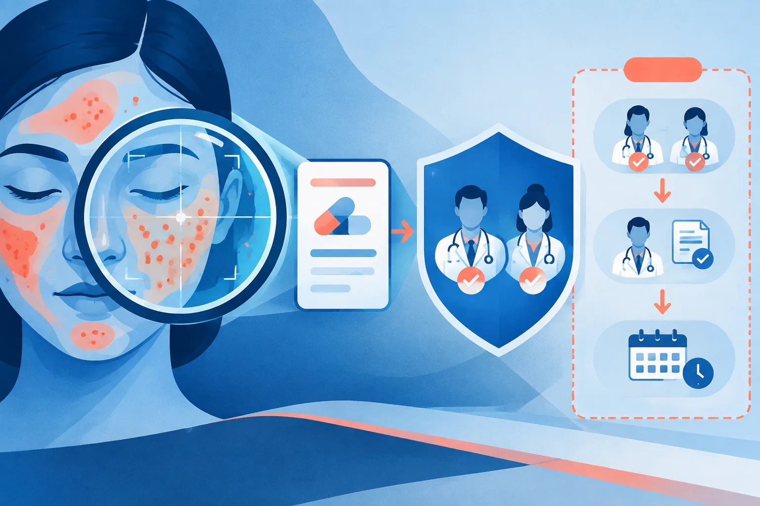 An AI lens analyzes an abstract skin map beside a physician review shield.