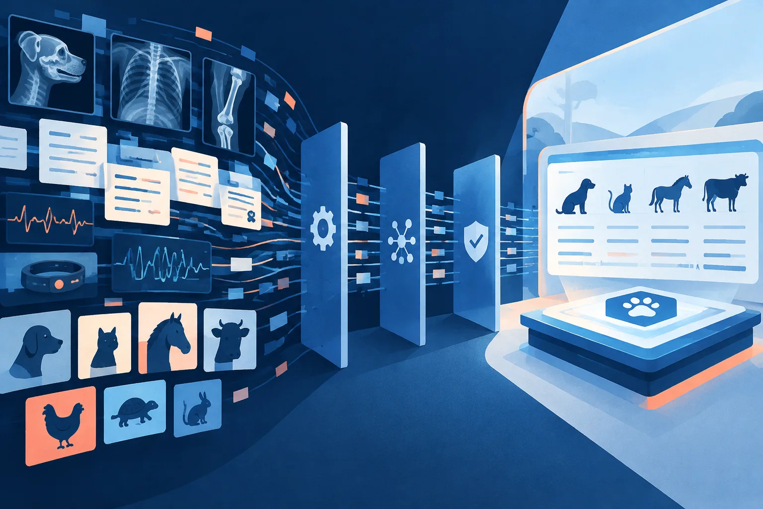 Fragmented veterinary data streams pass through standardization gates into a common benchmark.