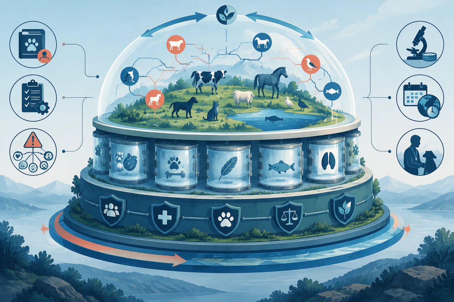 A layered veterinary benchmark refreshes over time behind protected test chambers and governance shields.