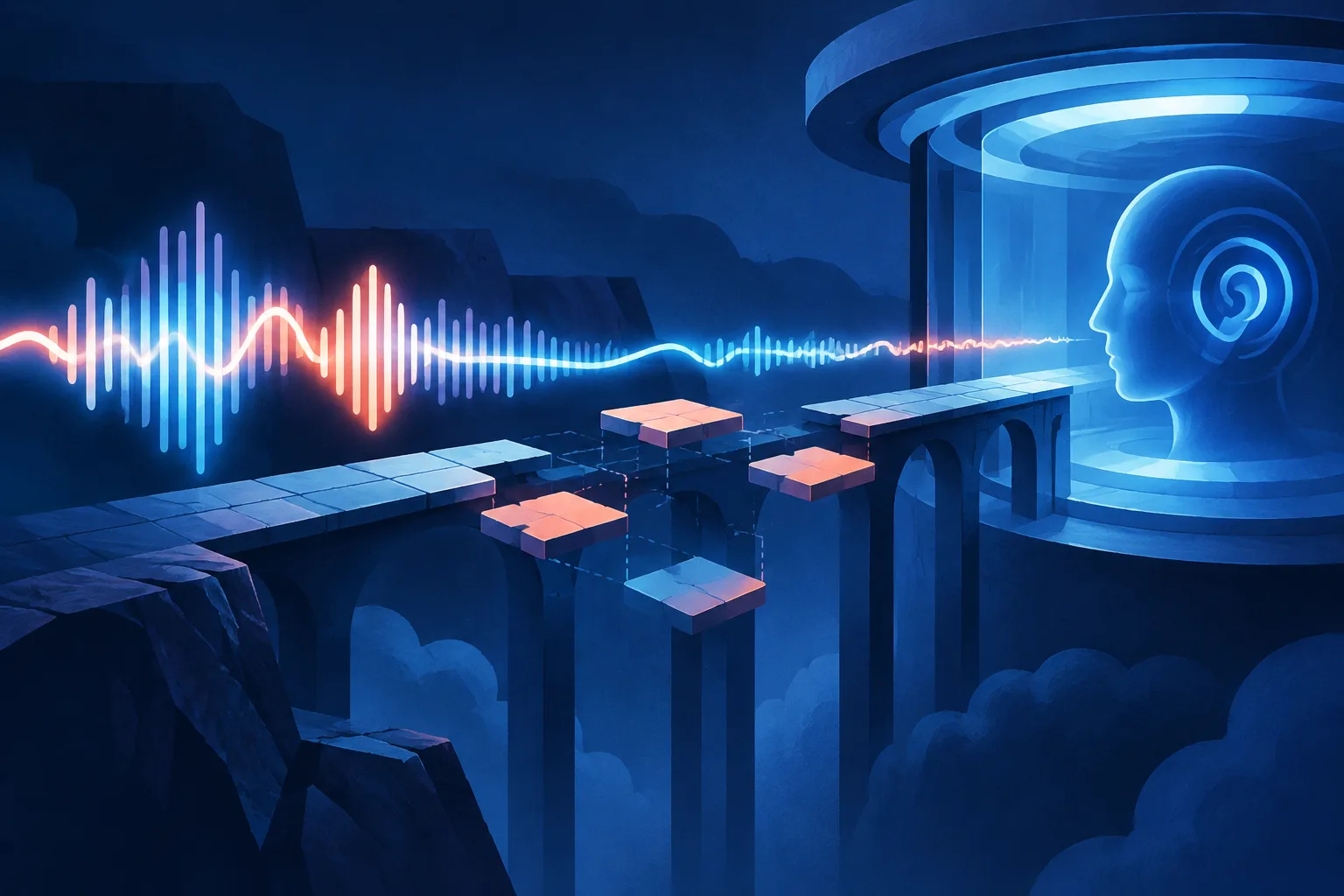 A voice waveform crosses a bridge broken by missing context tiles before reaching an AI chamber.