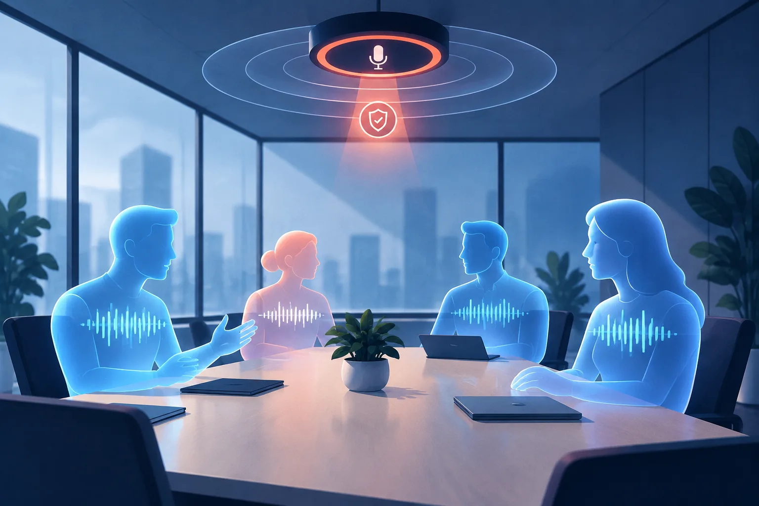 Translucent voice avatars meet beneath a clear recording and AI disclosure beacon.