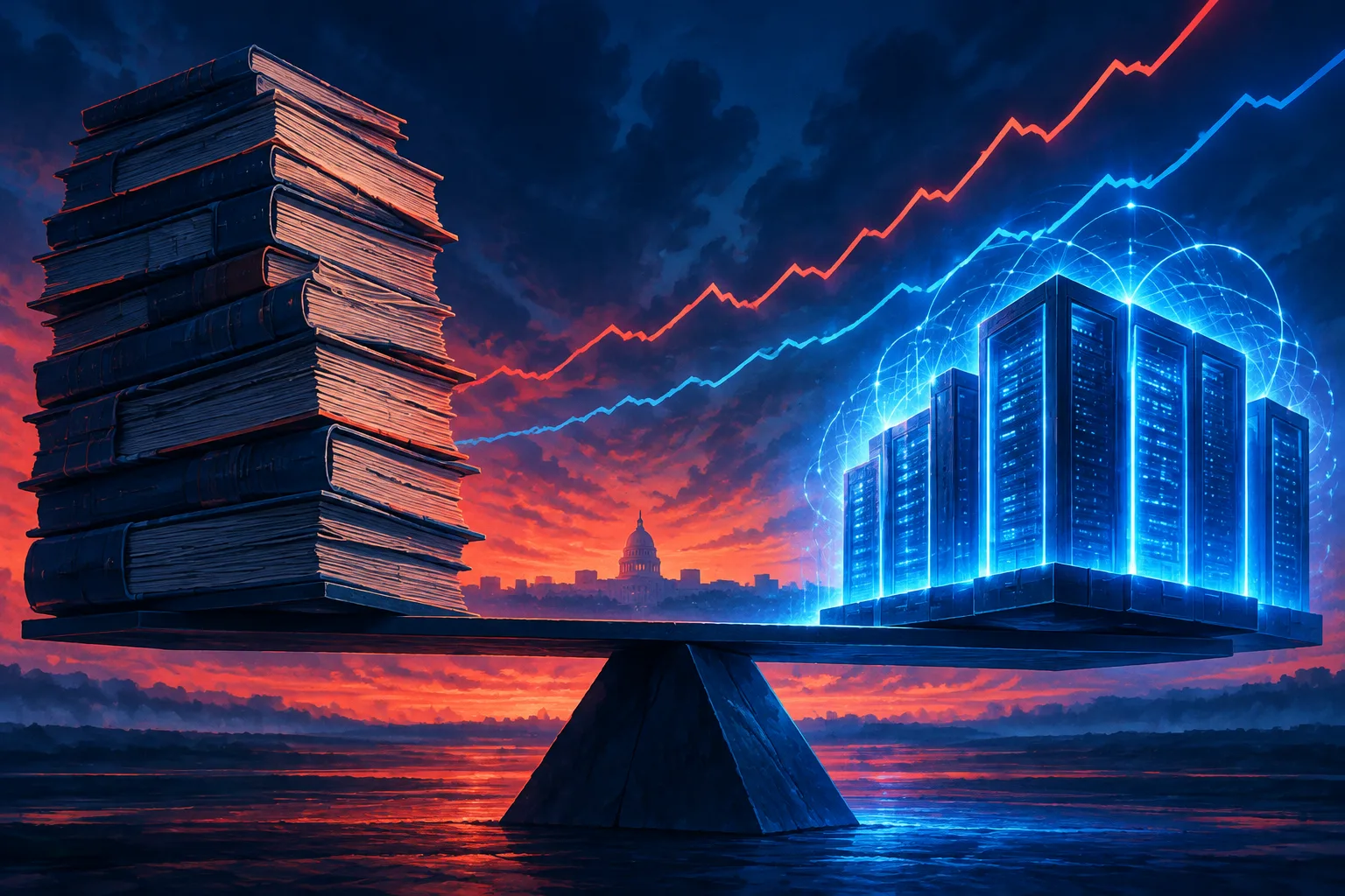 Debt ledgers balance against a glowing AI data center beneath a rising financial horizon.