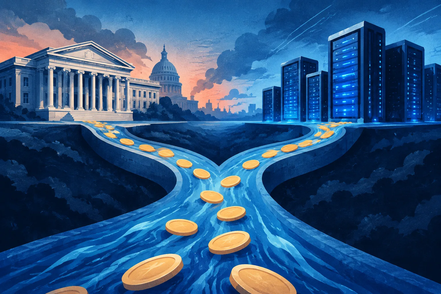 A stream of capital divides between a government treasury and an abstract server complex.