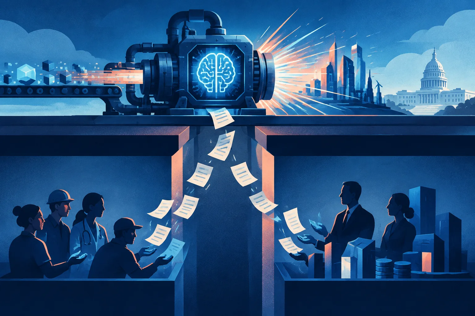 An AI productivity engine sends tax receipts into separate labor and capital compartments.