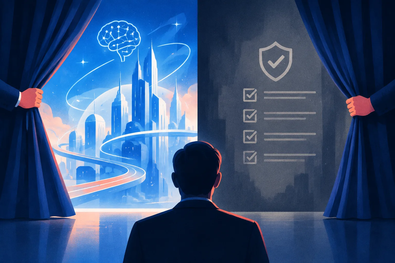 A bright technology rebrand contrasts with a faint unenforced safety checklist.