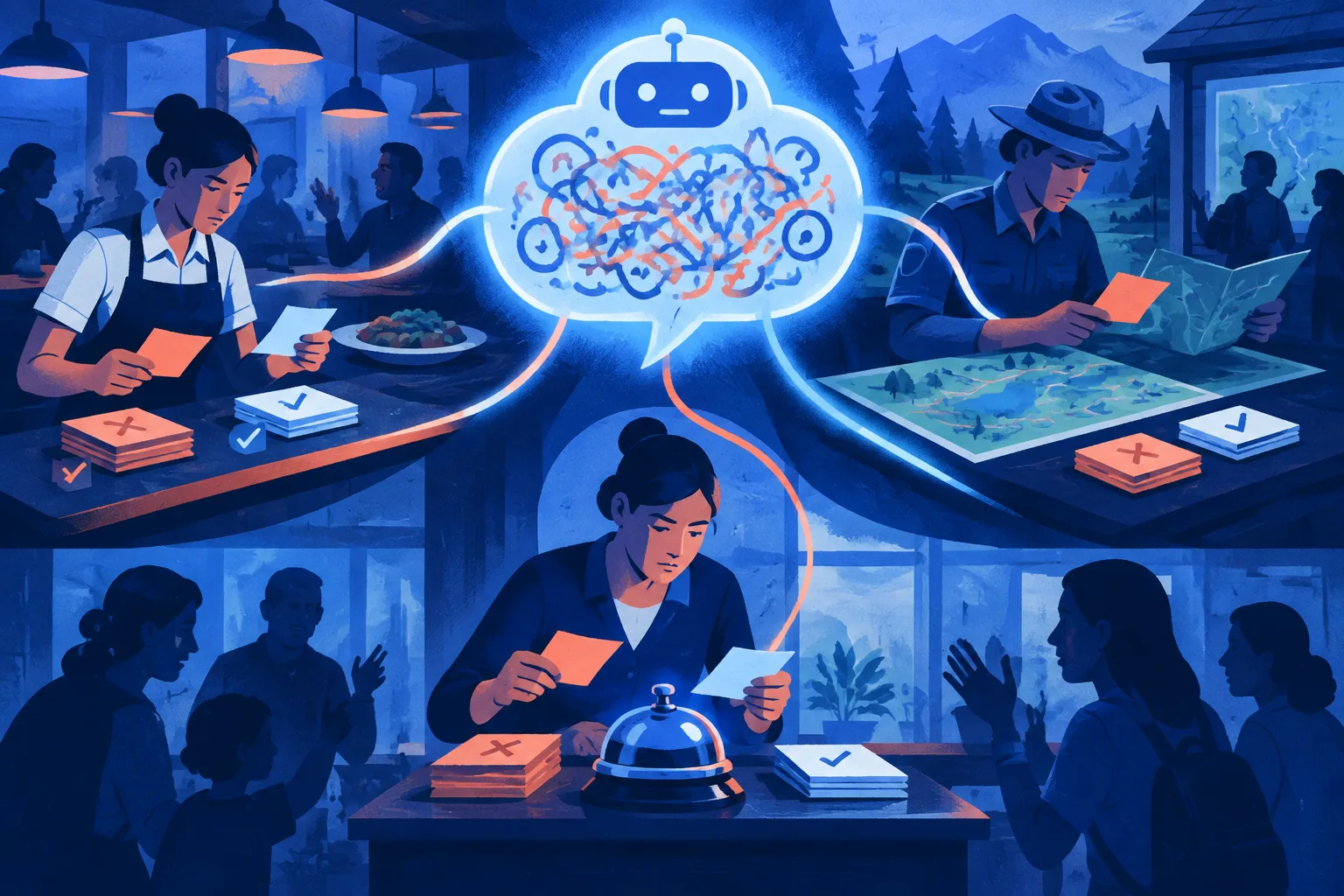 Editorial illustration of frontline workers untangling errors from a chatbot response.