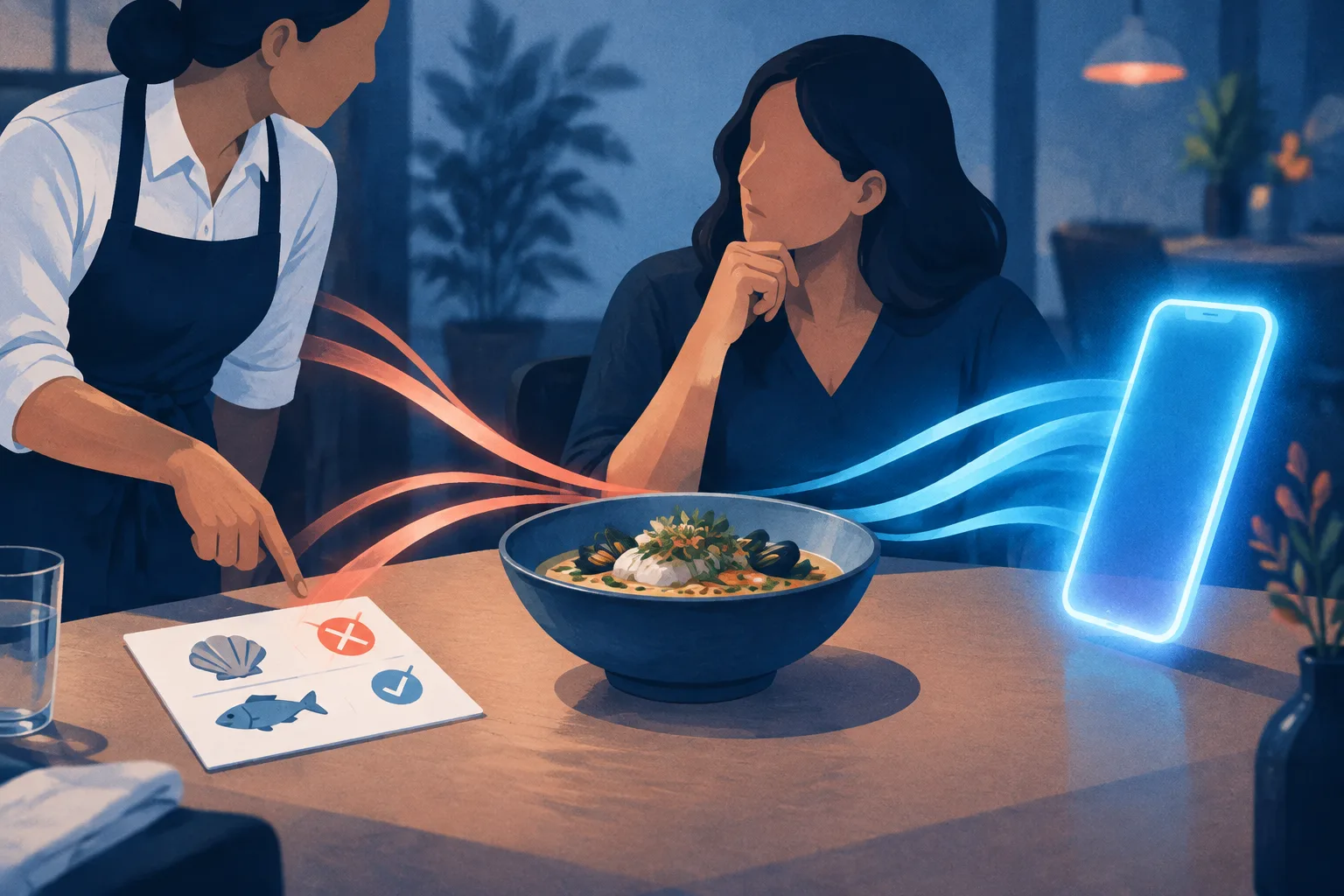 Illustration of a server correcting chatbot advice about a dish and food allergy.
