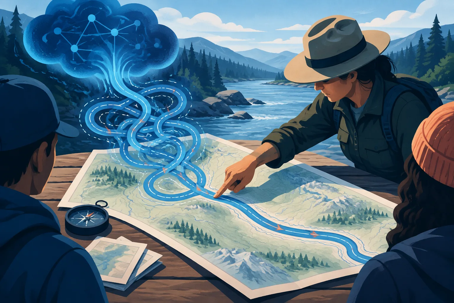 Illustration of a ranger correcting an impossible AI-generated river itinerary.