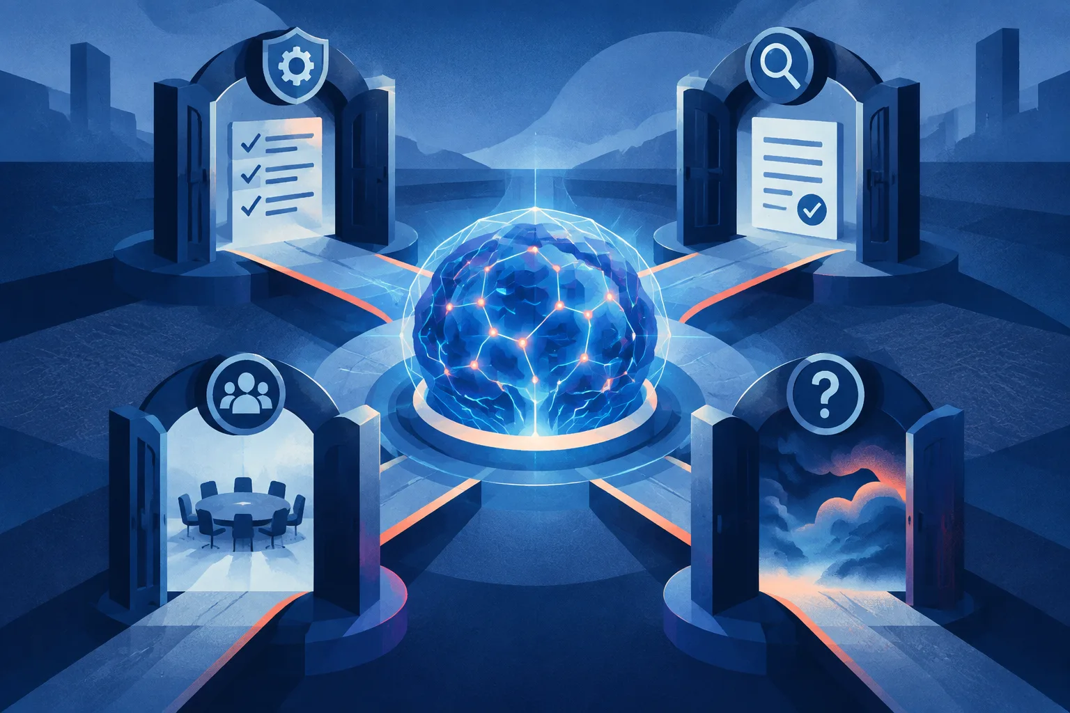 An AI core sits behind four layered review gates and audit checkpoints.