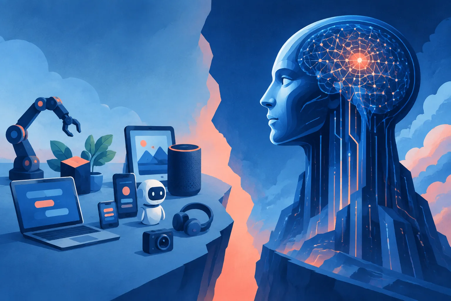 Illustration contrasting everyday AI tools with a hypothetical superintelligent system.