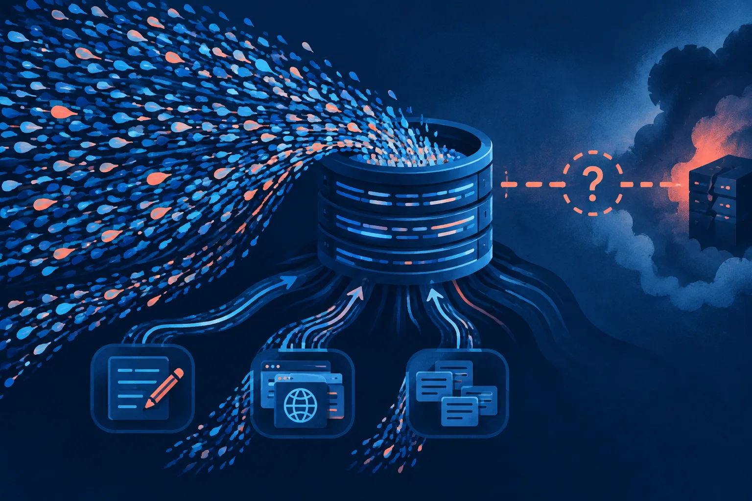 A heavy data flow overwhelms a query engine while the outage link remains uncertain.