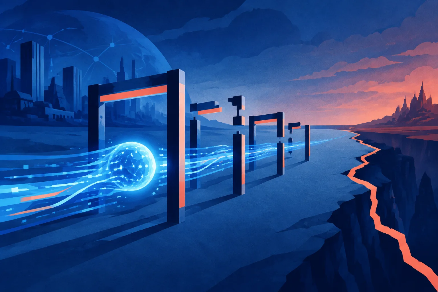 Illustration of an AI signal approaching incomplete layers of oversight.