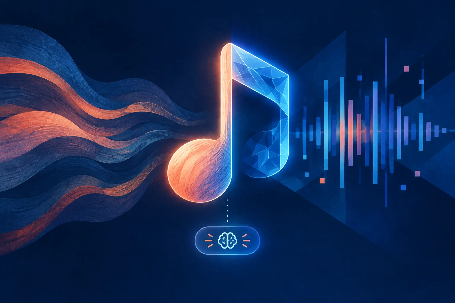 Music note divided between acoustic texture and a synthetic waveform with an AI disclosure tag.