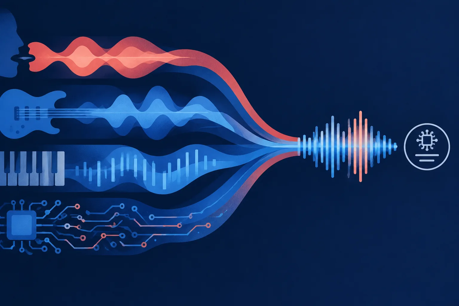 Vocal waves, instruments, and circuit patterns combining into one music track.