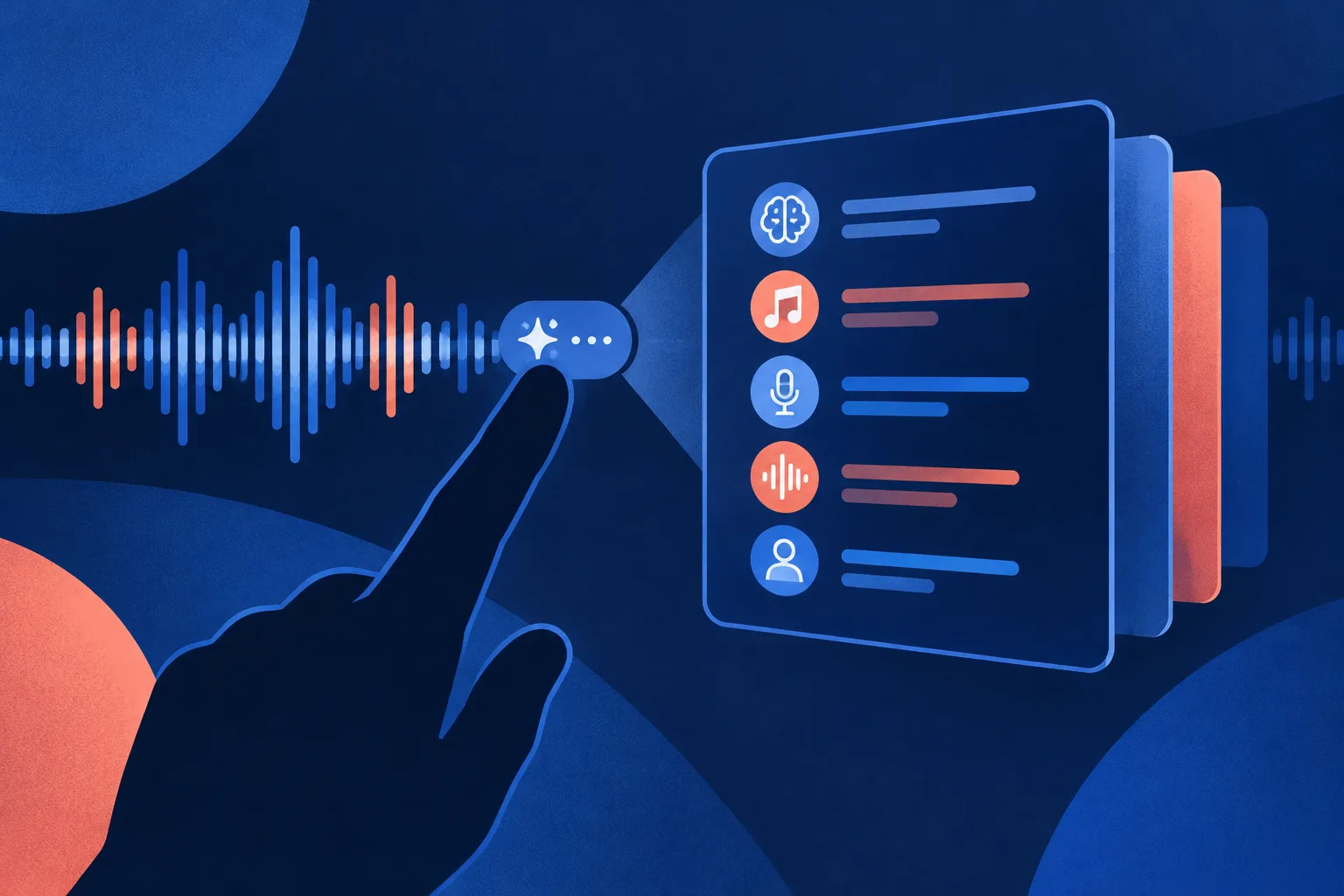 Abstract information card opening beside a music waveform to show AI contribution details.