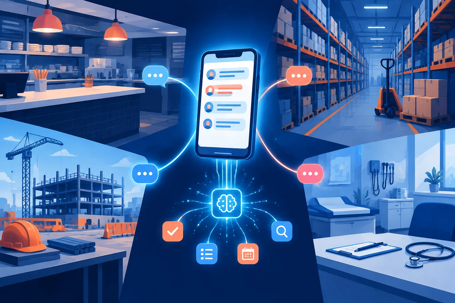 Illustrated mobile workplace chat network linking several frontline work settings with AI-organized messages.