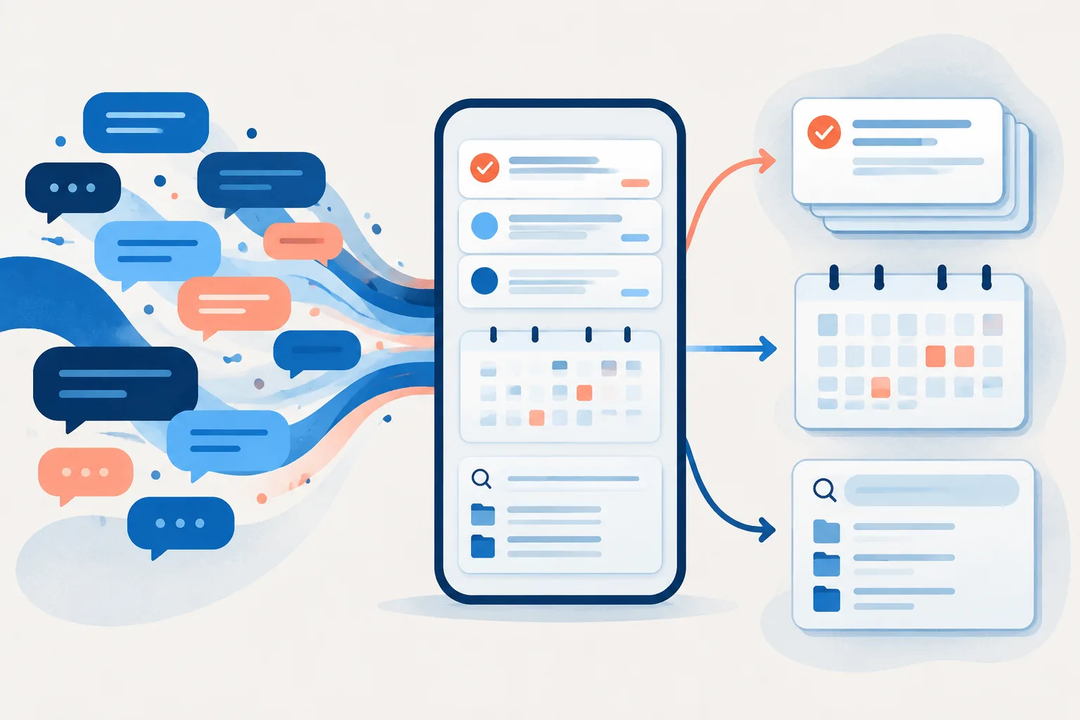 Abstract messages transforming into tasks, calendar items, and searchable workplace records.