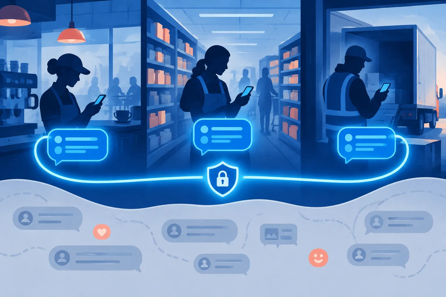 Frontline work settings connected inside a secure boundary separate from personal messaging.